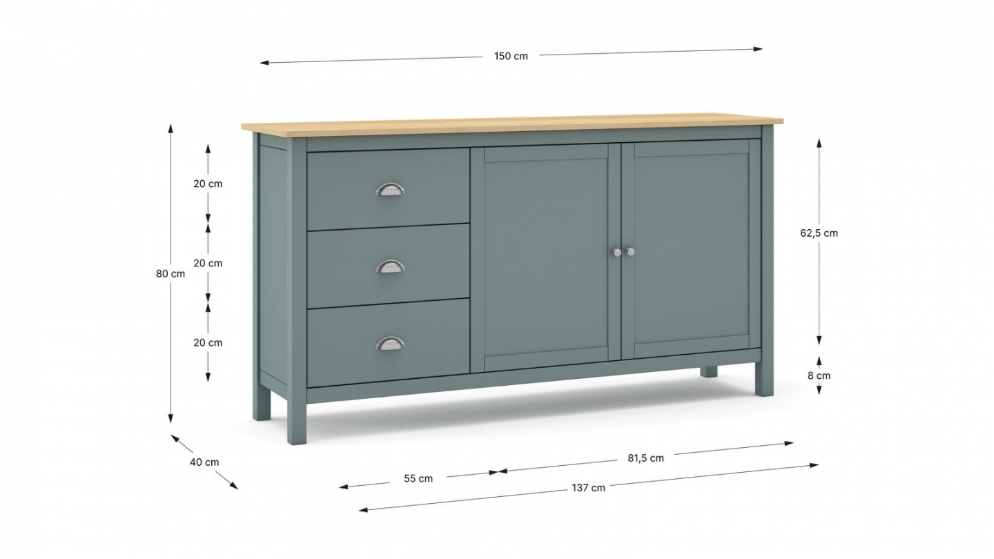 Buffet 2 portes 3 tiroirs en bois massif vert kaki 150 cm - Macha