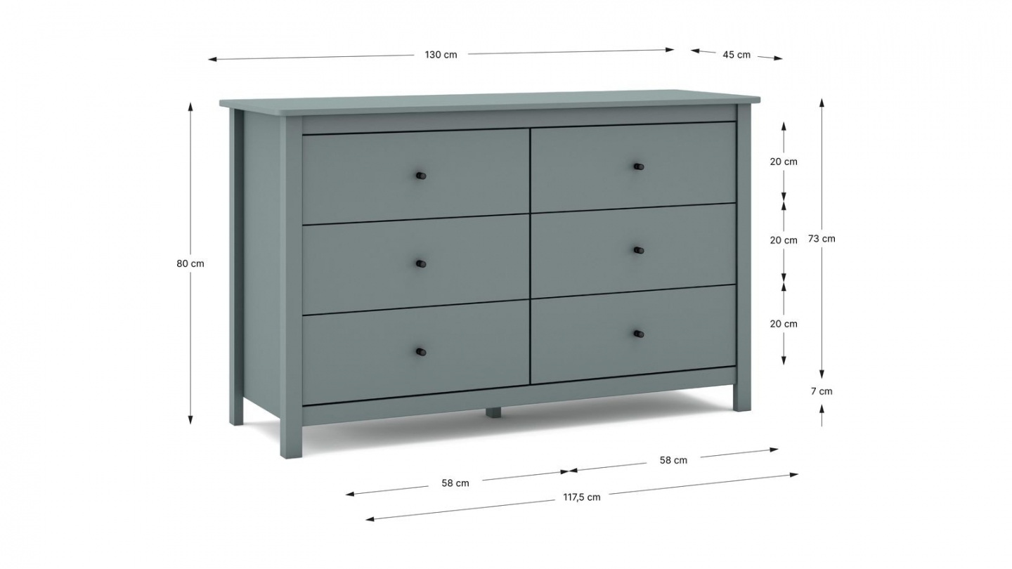 Commode 6 tiroirs en bois massif vert kaki 130 cm - Macha