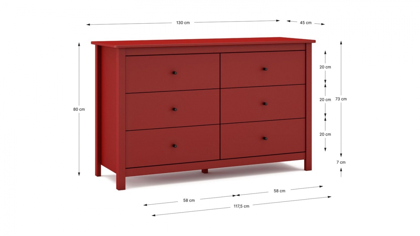 Commode 6 tiroirs en bois massif rouge 130 cm - Macha