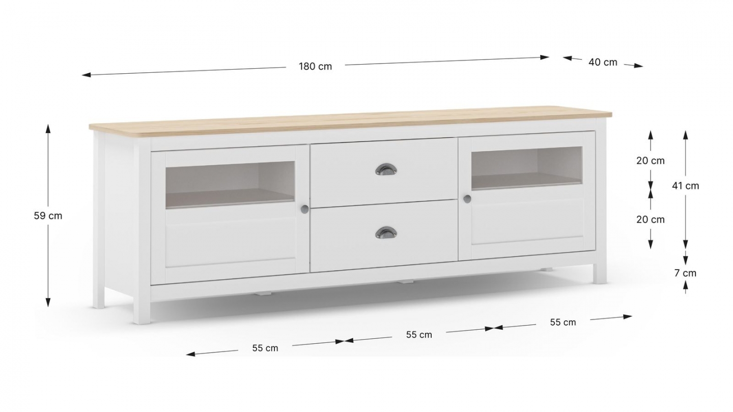 Meuble TV 2 portes 2 tiroirs en bois massif blanc 180 cm - Macha