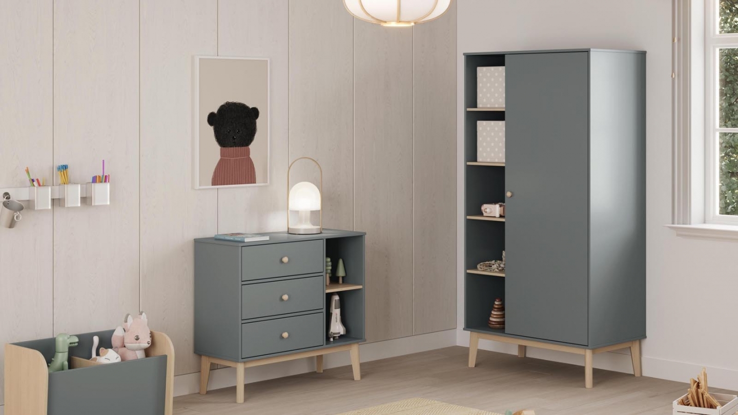 Armoire enfant 1 porte en bois vert kaki 90 cm - Elise