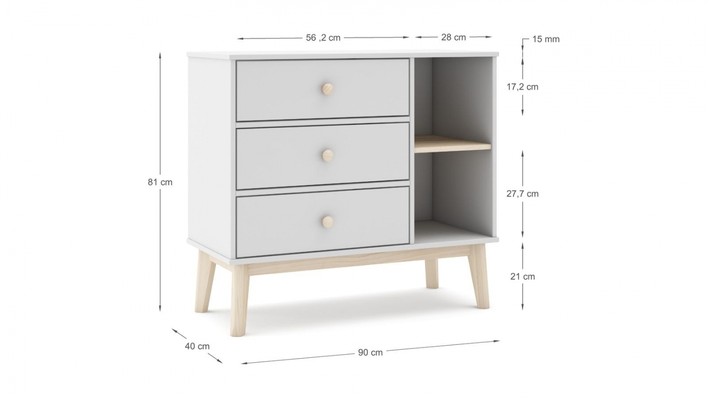 Commode enfant 3 tiroirs en bois blanc 90 cm - Elise