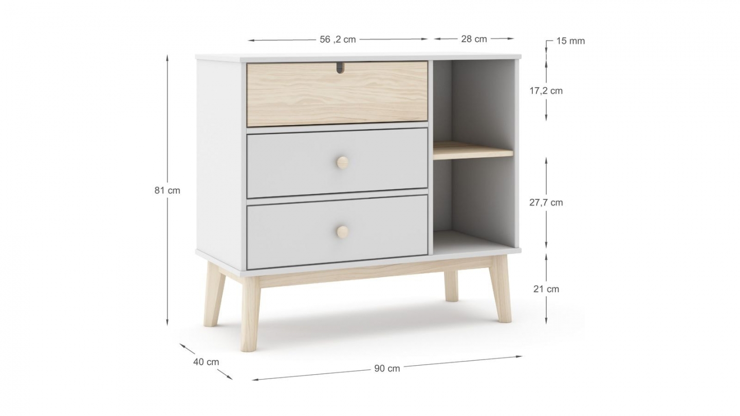 Commode enfant 3 tiroirs en bois blanc 90 cm - Lucy