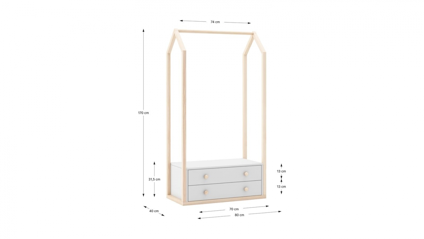 Penderie cabane enfant 2 tiroirs en bois blanc 80 cm - Elise