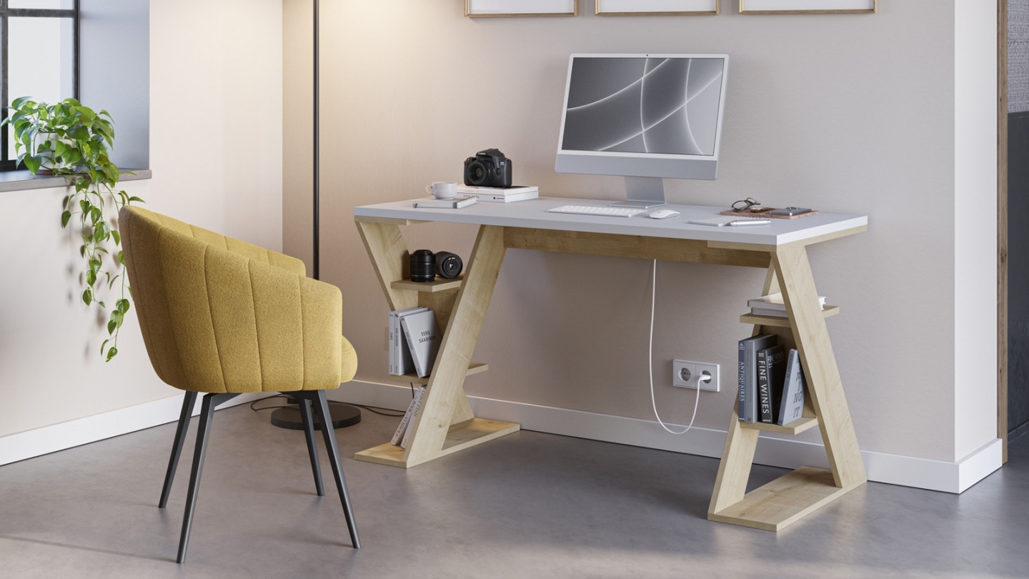 Bureau blanc avec piètement en bois massif 137 cm - Milan