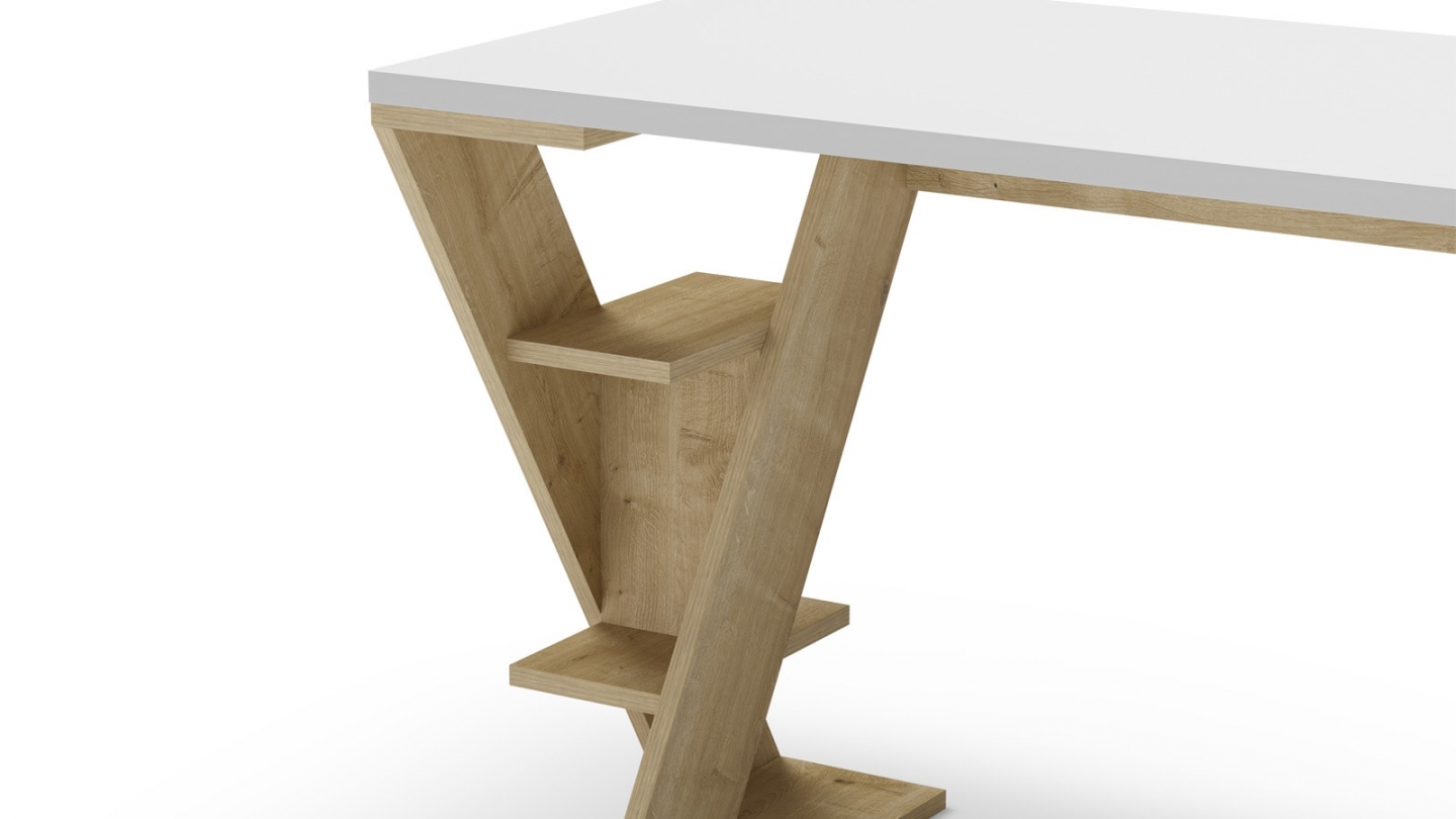 Bureau blanc avec piètement en bois massif 137 cm - Milan