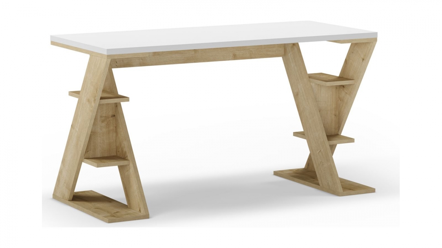 Bureau blanc avec piètement en bois massif 137 cm - Milan