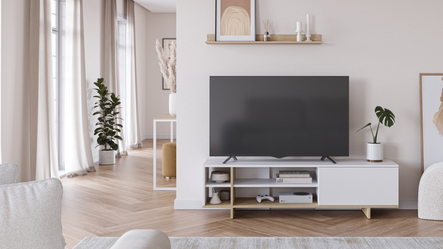 Meuble TV 1 porte blanc et décor chêne 160 cm - Alicia