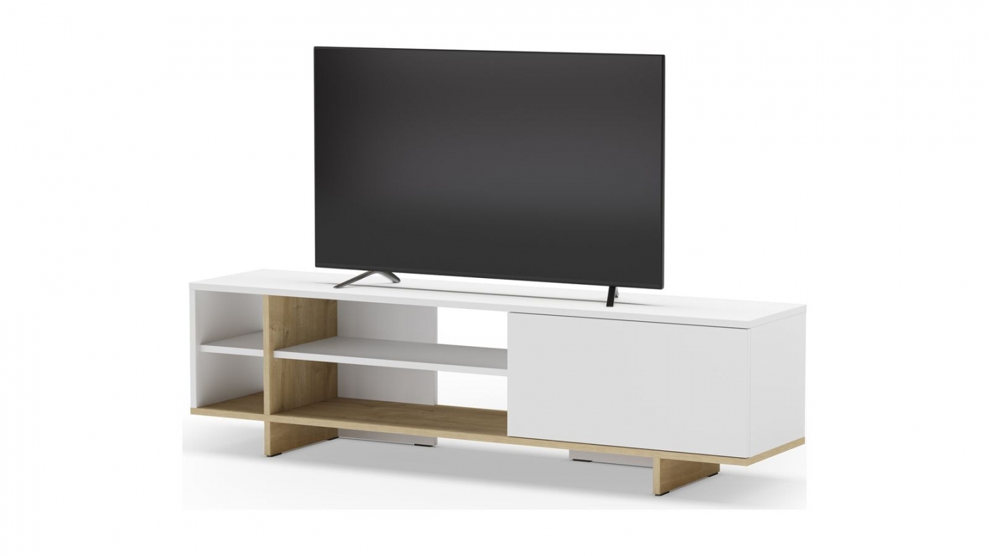 Meuble TV 1 porte blanc et décor chêne 160 cm - Alicia