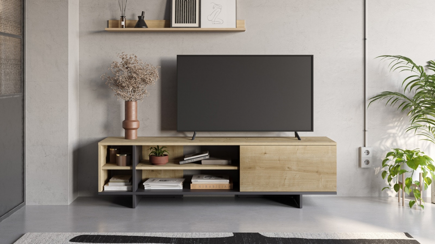 Meuble TV 1 porte décor chêne et noir 160 cm - Alicia