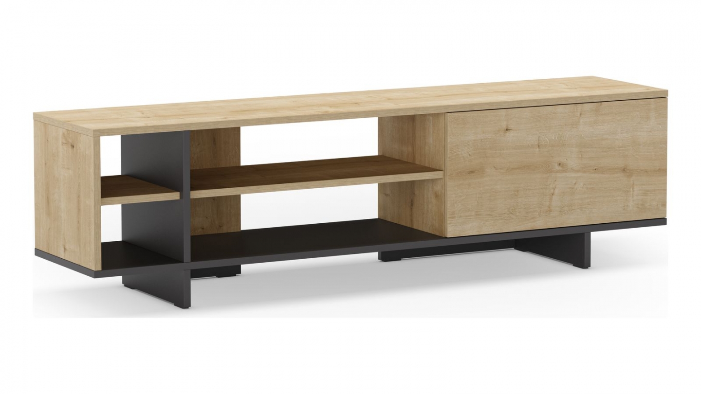 Meuble TV 1 porte décor chêne et noir 160 cm - Alicia