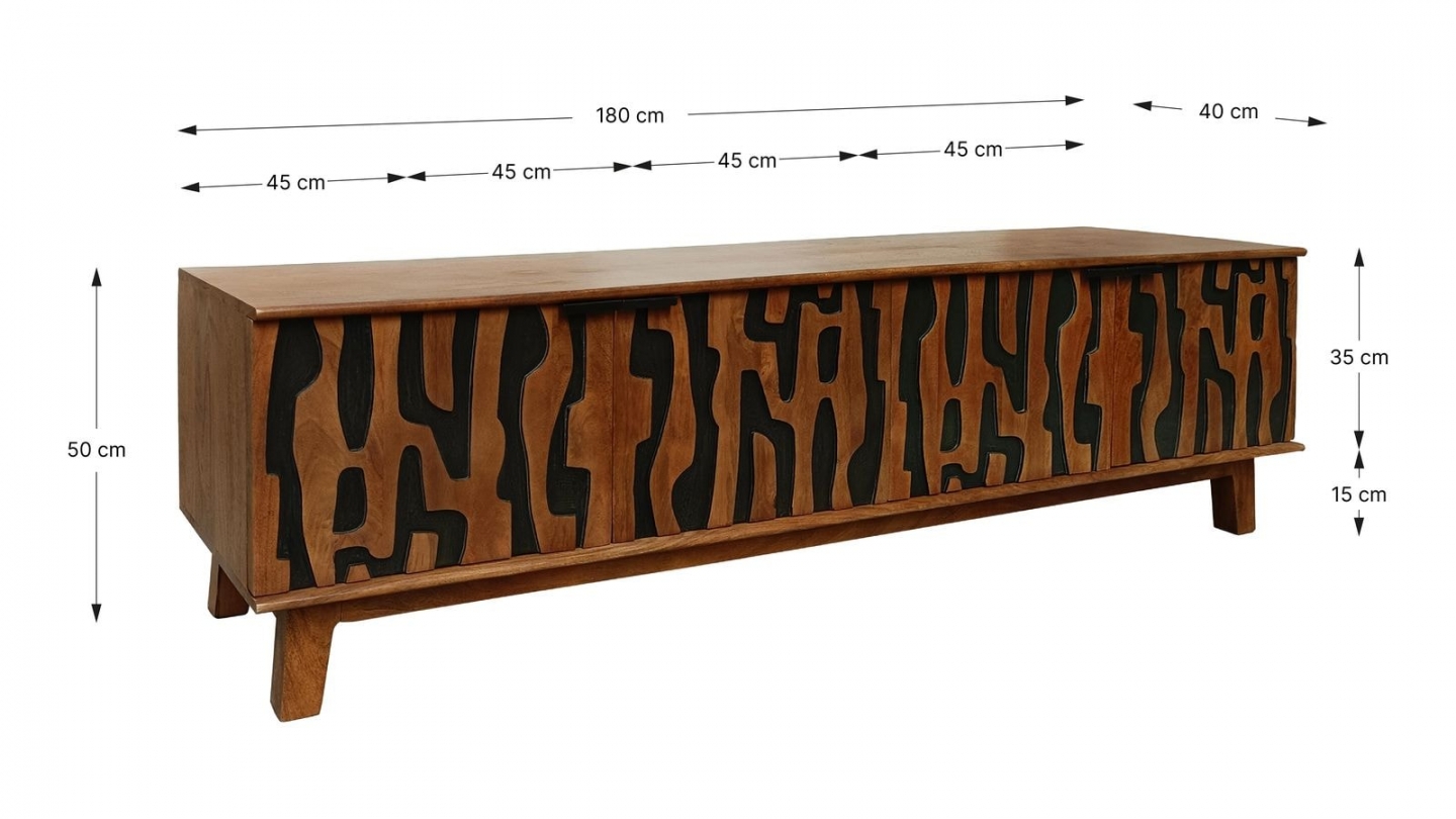 Meuble TV 4 portes en bois de manguier sculpté 180 cm - Vesper