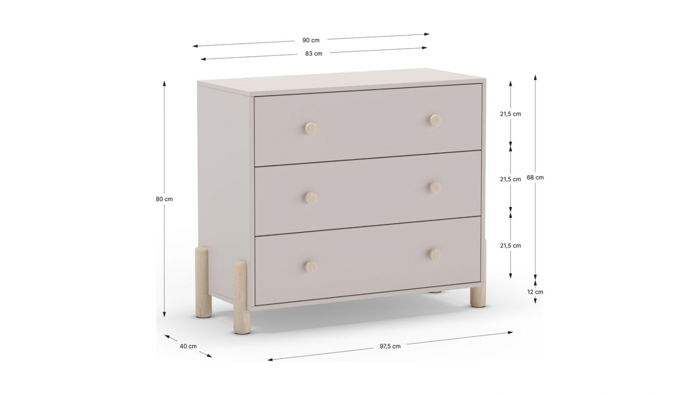 Commode enfant 3 tiroirs en bois beige 90 cm - Bastien