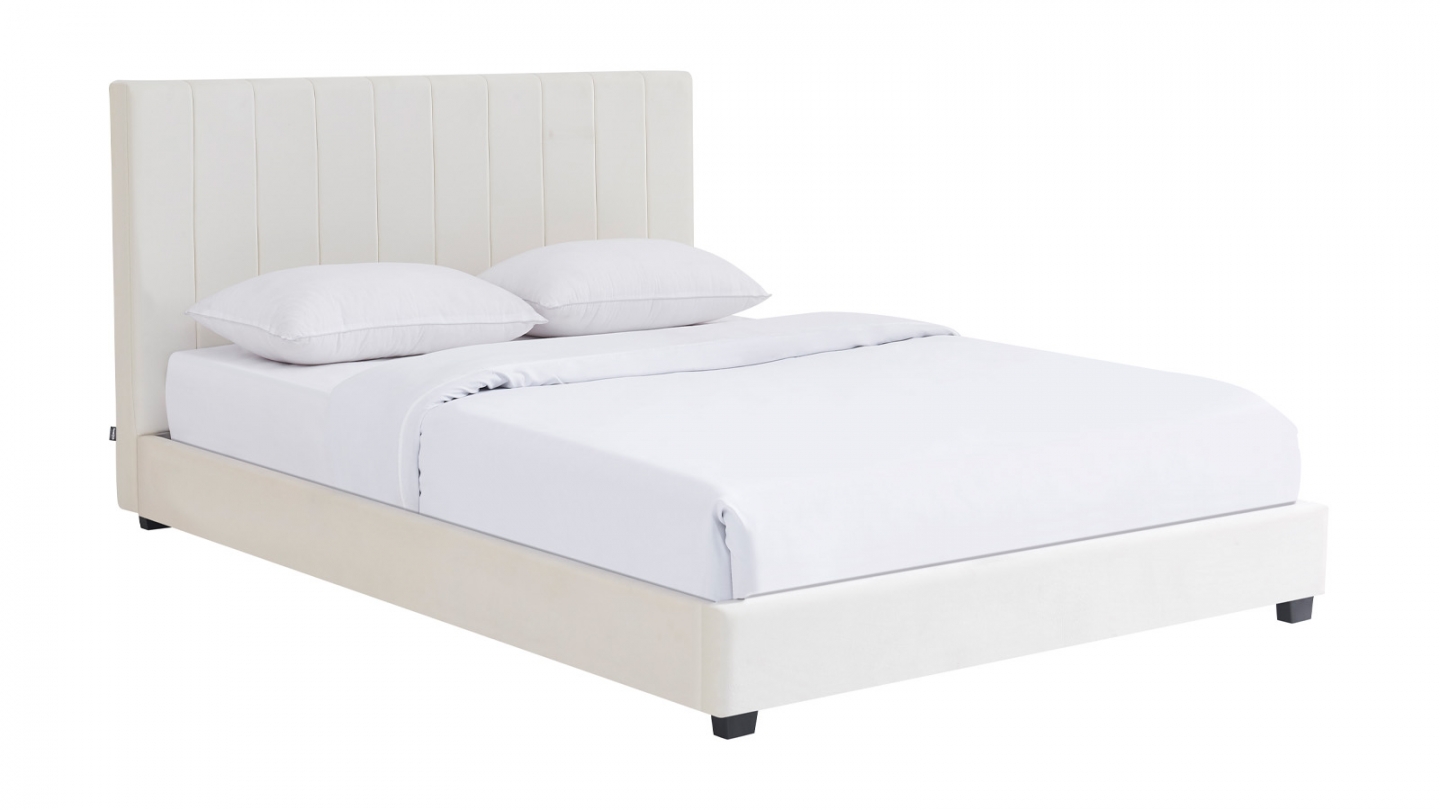 Lit adulte 160x200 cm avec tête de lit capitonnée en velours beige - William