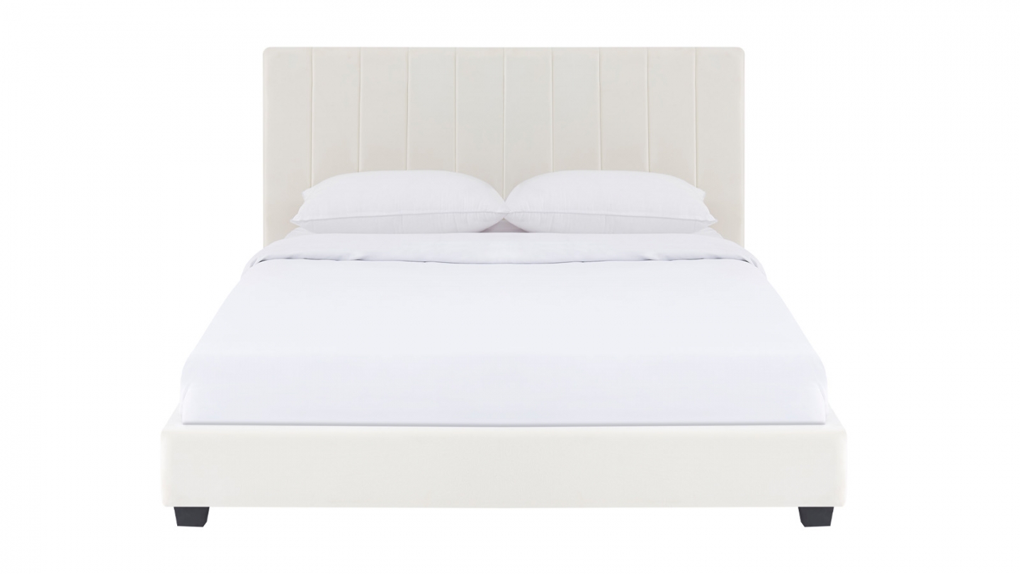 Lit adulte 140x190 cm avec tête de lit capitonnée en velours beige - William