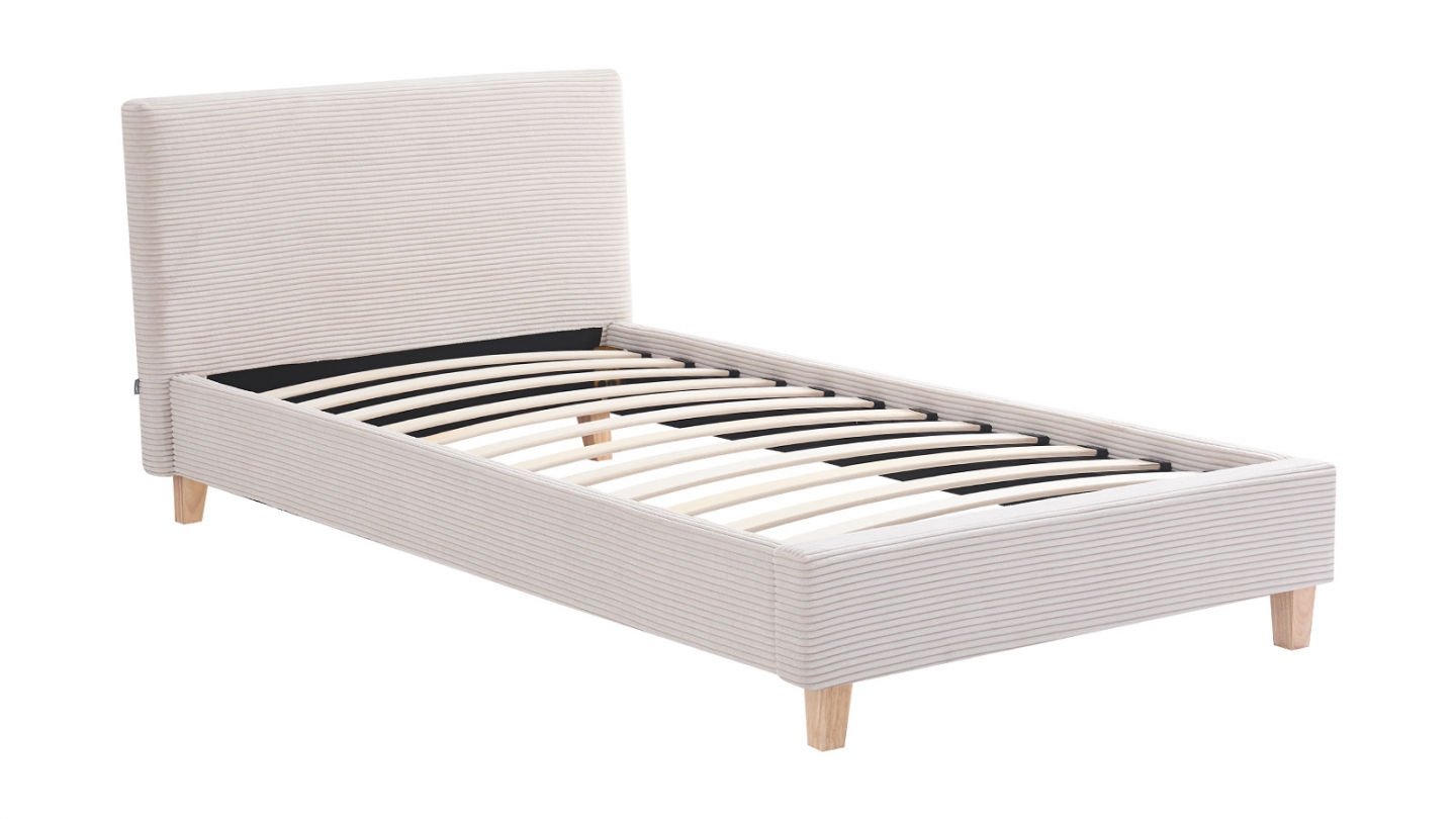 Lit adulte 90x190 cm avec tête de lit capitonnée en velours côtelé beige - Milo