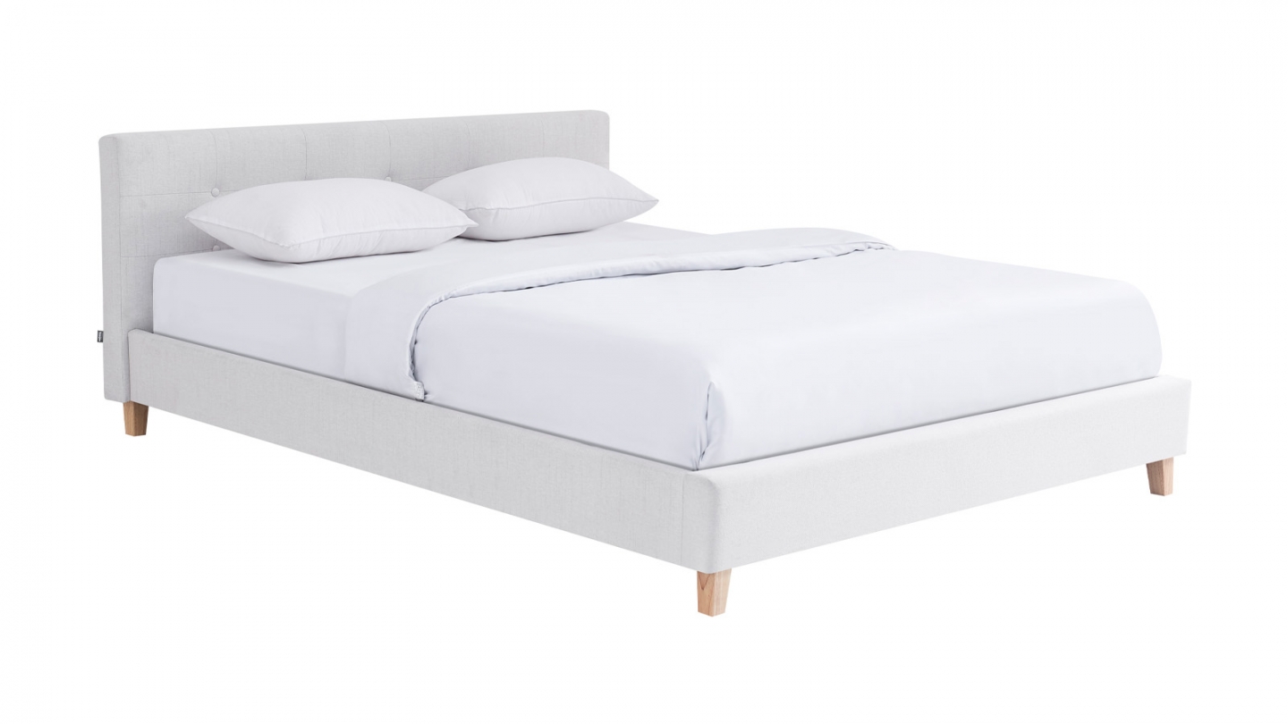 Lit adulte 140x190 cm avec tête de lit capitonnée en tissu beige - Milo