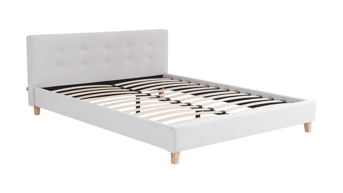 Lit adulte 140x190 cm avec tête de lit capitonnée en tissu beige - Milo