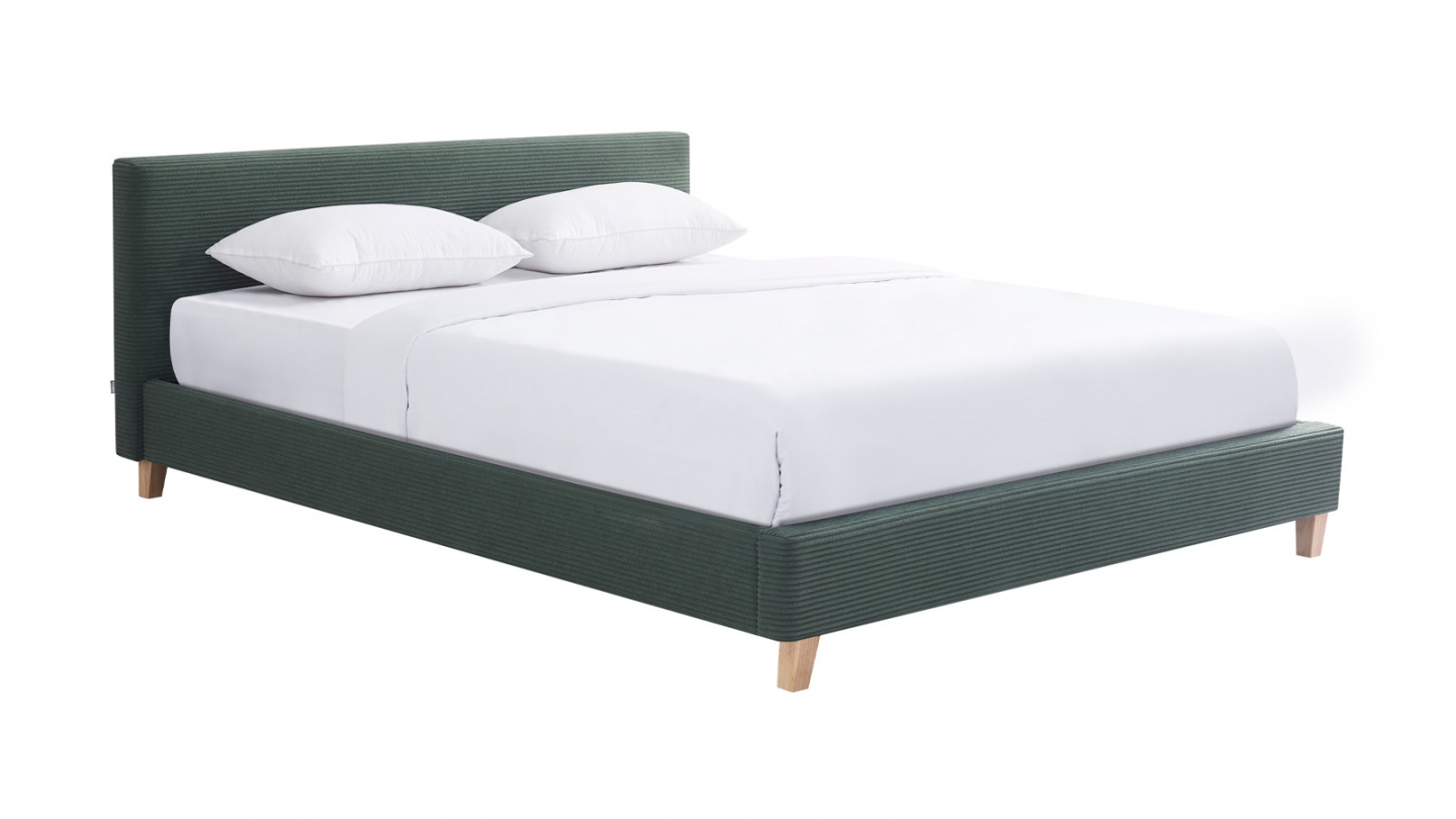 Lit adulte 140x190 cm avec tête de lit capitonnée en velours côtelé vert kaki - Milo