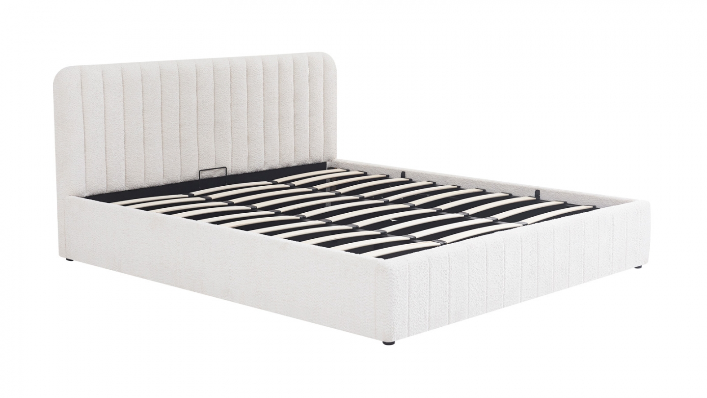 Lit coffre adulte 180x200 cm avec tête de lit capitonnée en tissu bouclé beige - Ava