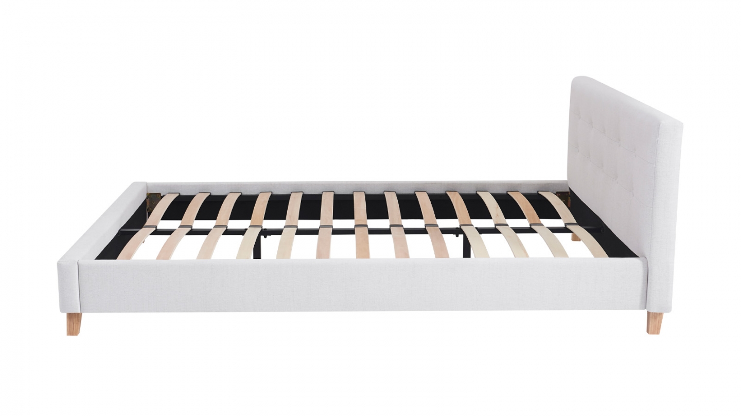 Lit adulte 160x200 cm avec tête de lit capitonnée en tissu beige - Milo