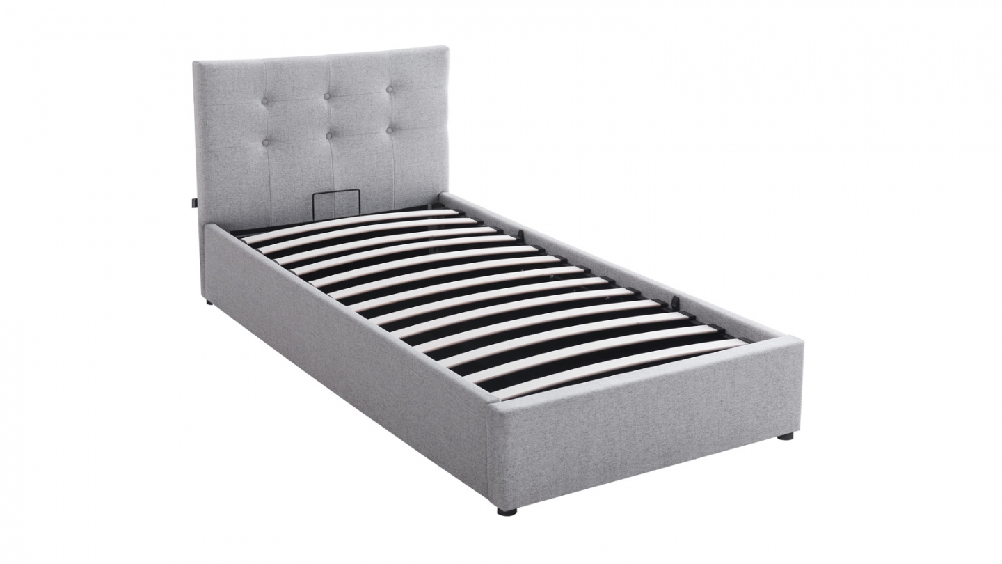 Lit coffre adulte 90x190 cm avec tête de lit capitonnée en tissu gris et sommier - Tina