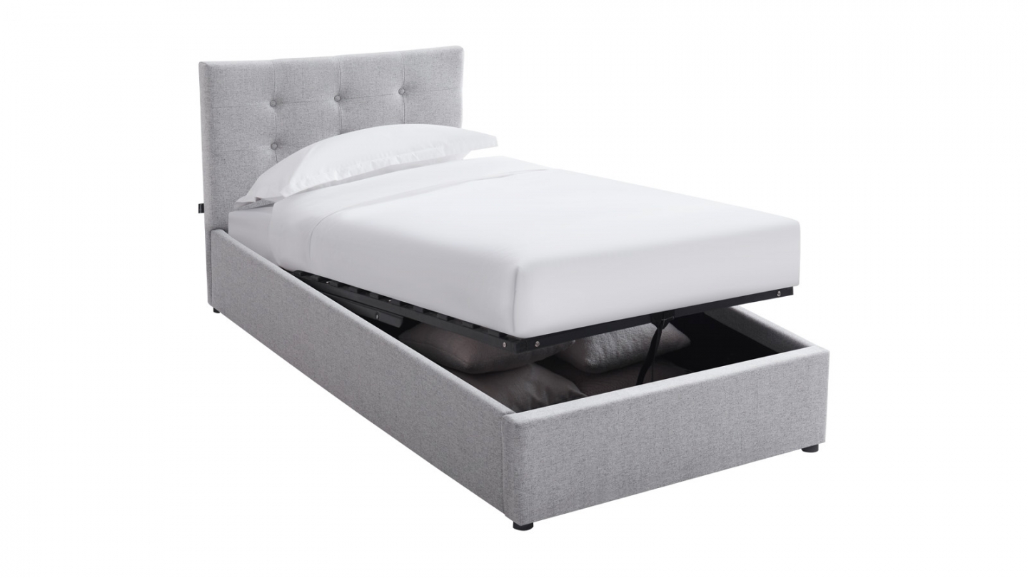 Lit coffre adulte 90x190 cm avec tête de lit capitonnée en tissu gris et sommier - Tina