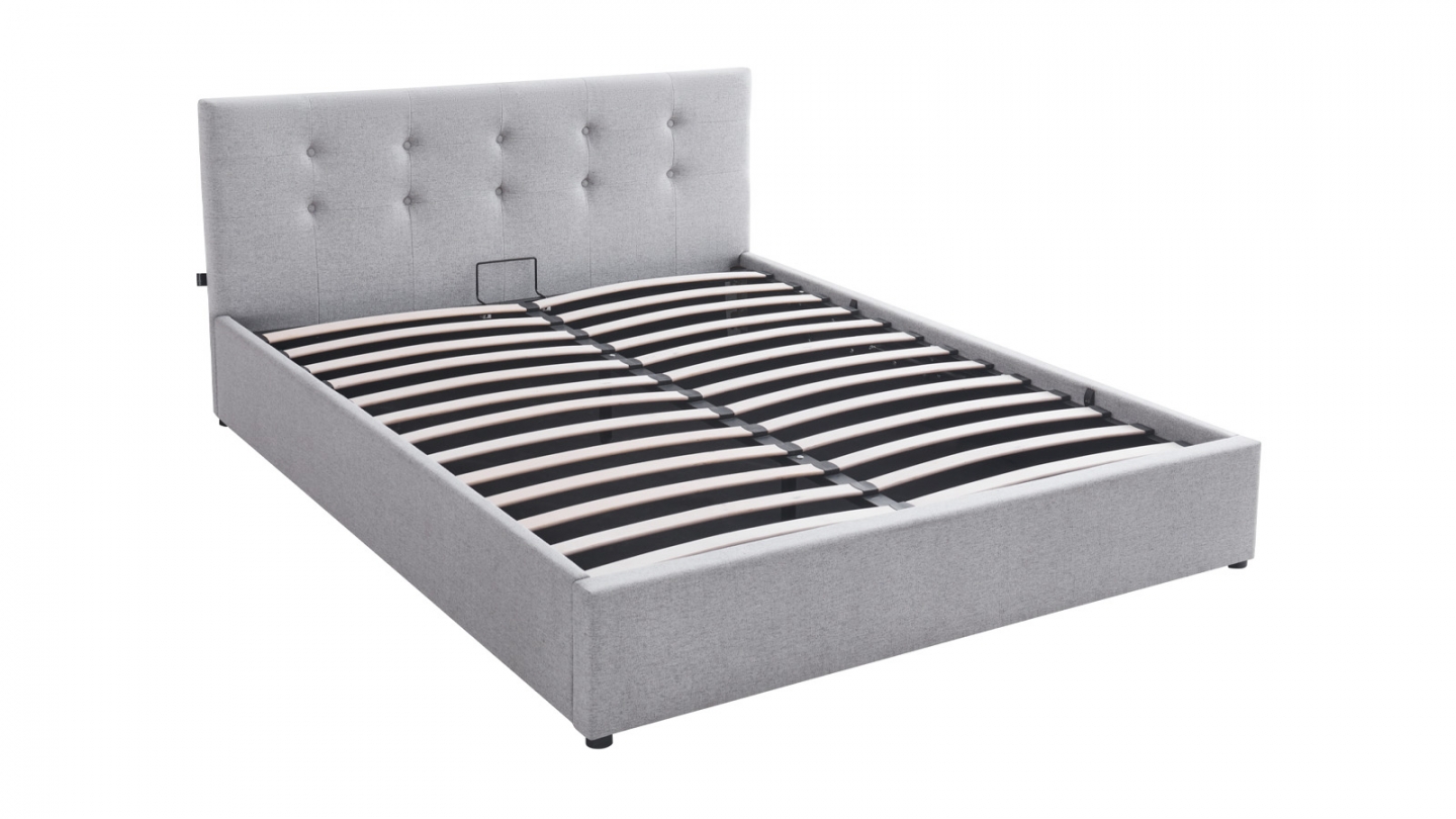 Lit coffre adulte 140x190 cm avec tête de lit capitonnée en tissu gris et sommier - Tina