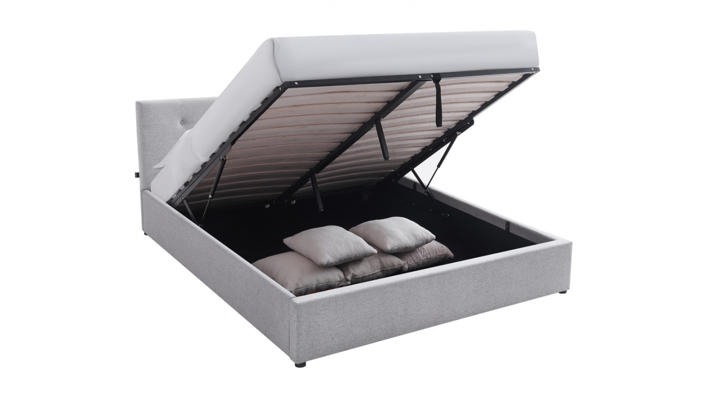 Lit coffre adulte 140x190 cm avec tête de lit capitonnée en tissu gris et sommier - Tina