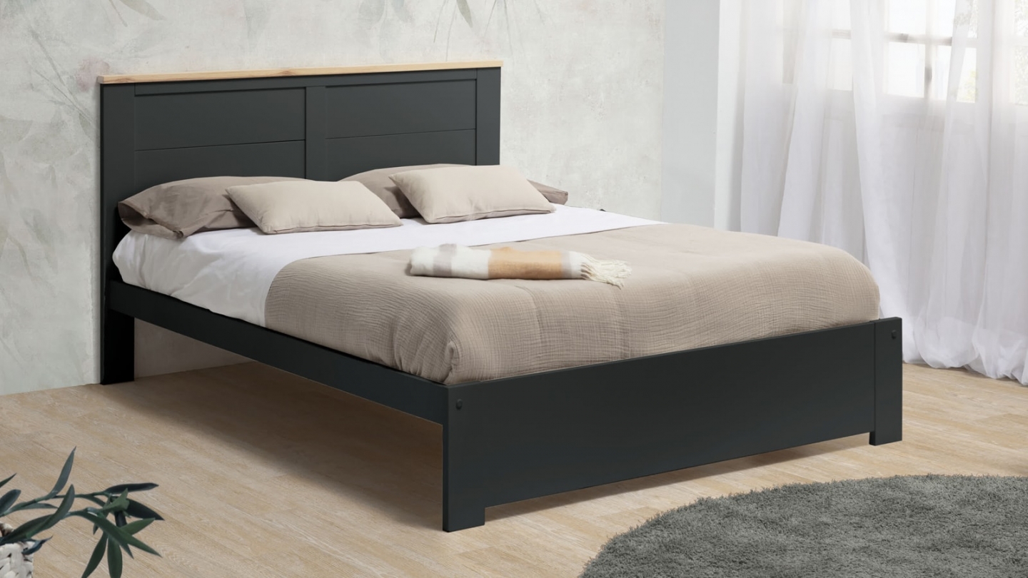 Lit adulte 140x190 cm avec tête de lit en bois gris anthracite - Nevea