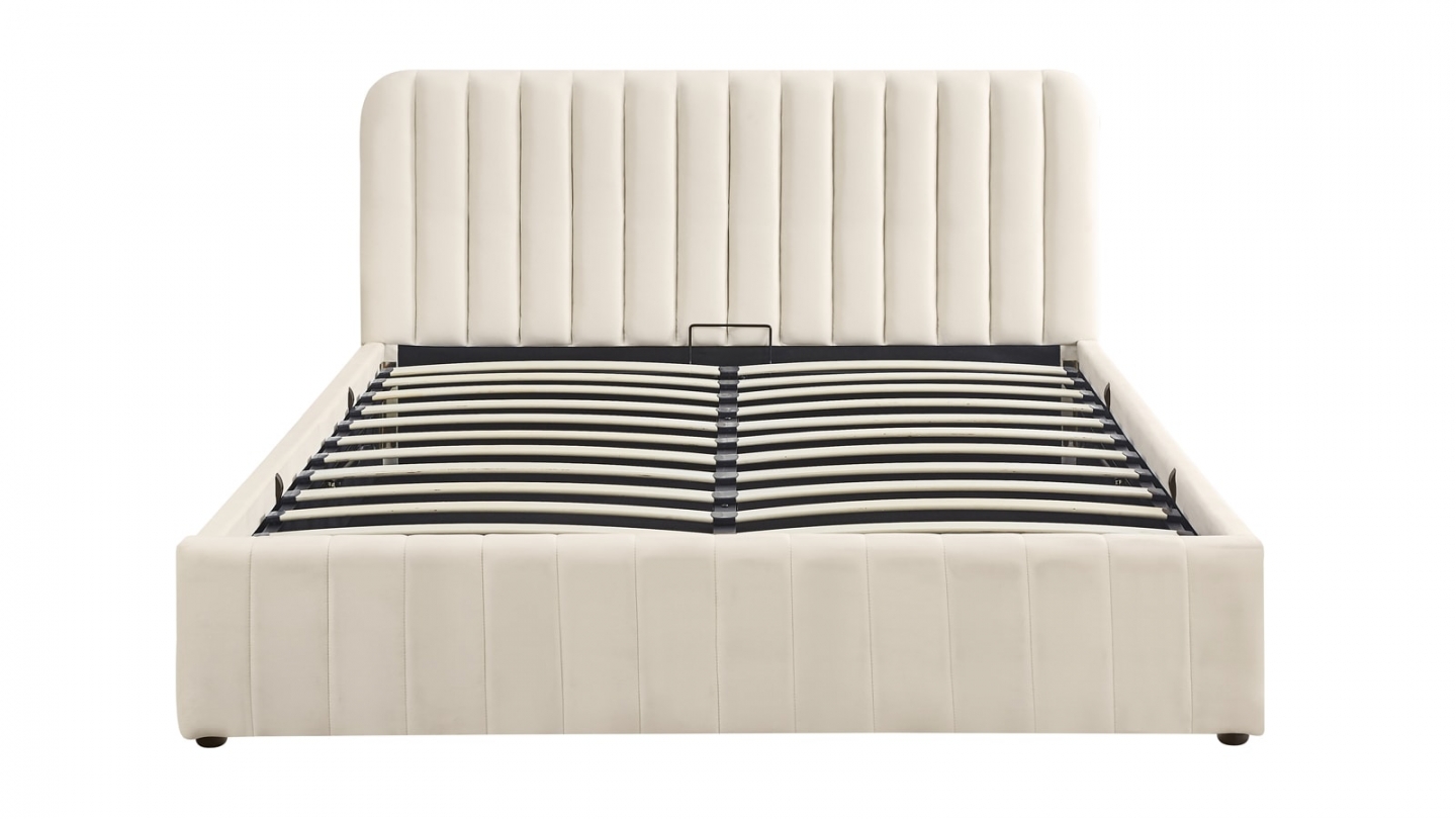 Lit coffre adulte 180x200 cm avec tête de lit capitonnée en velours beige - Ava