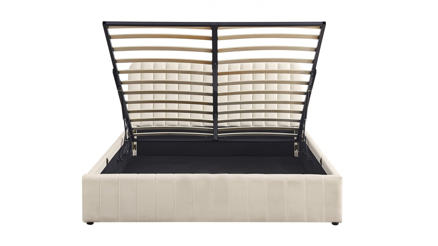 Lit coffre adulte 180x200 cm avec tête de lit capitonnée en velours beige - Ava