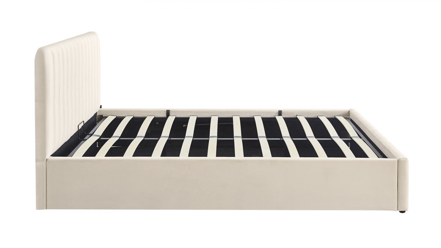 Lit coffre adulte 180x200 cm avec tête de lit capitonnée en velours beige - Ava