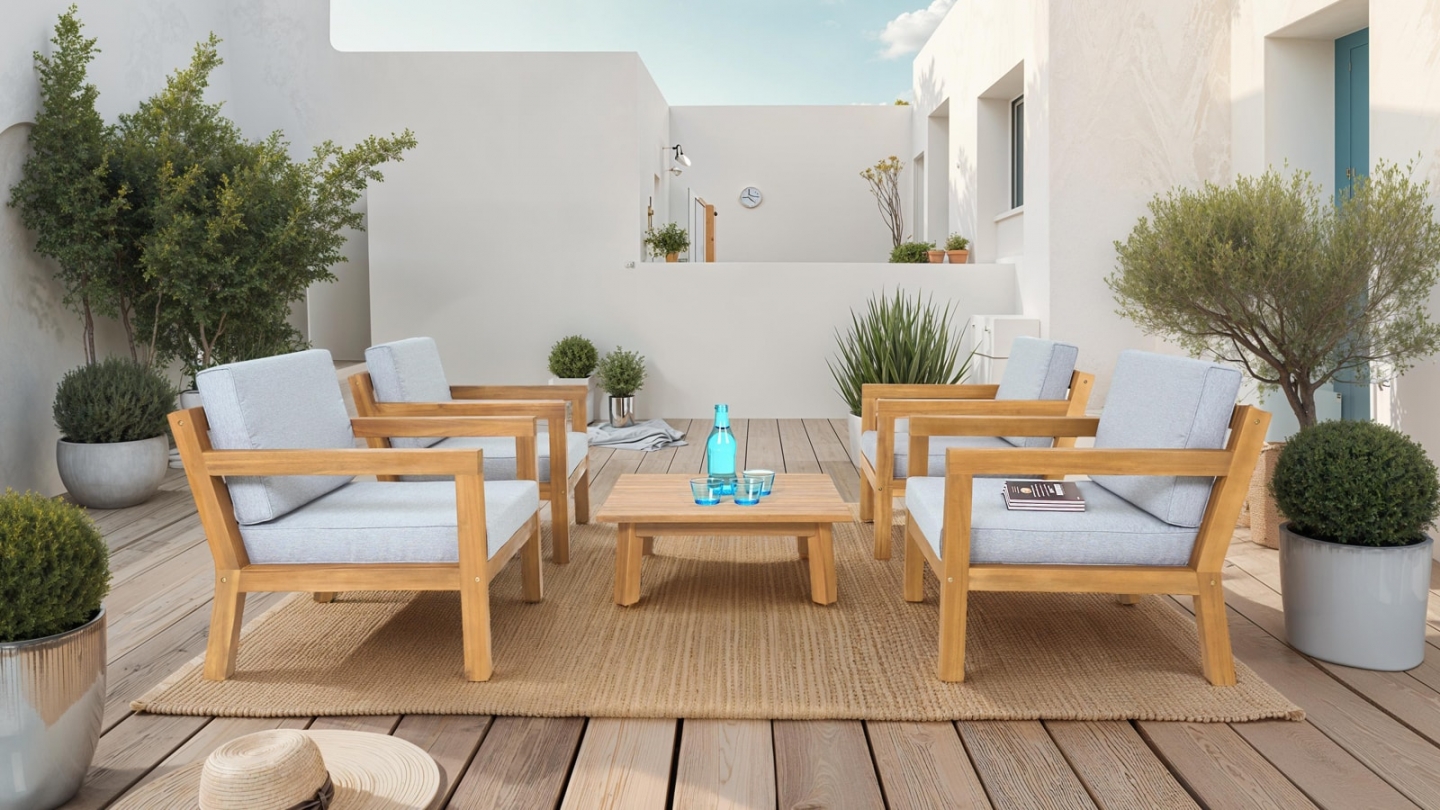 Salon de jardin 4 places en bois FSC - 4 fauteuils et table basse - Palau