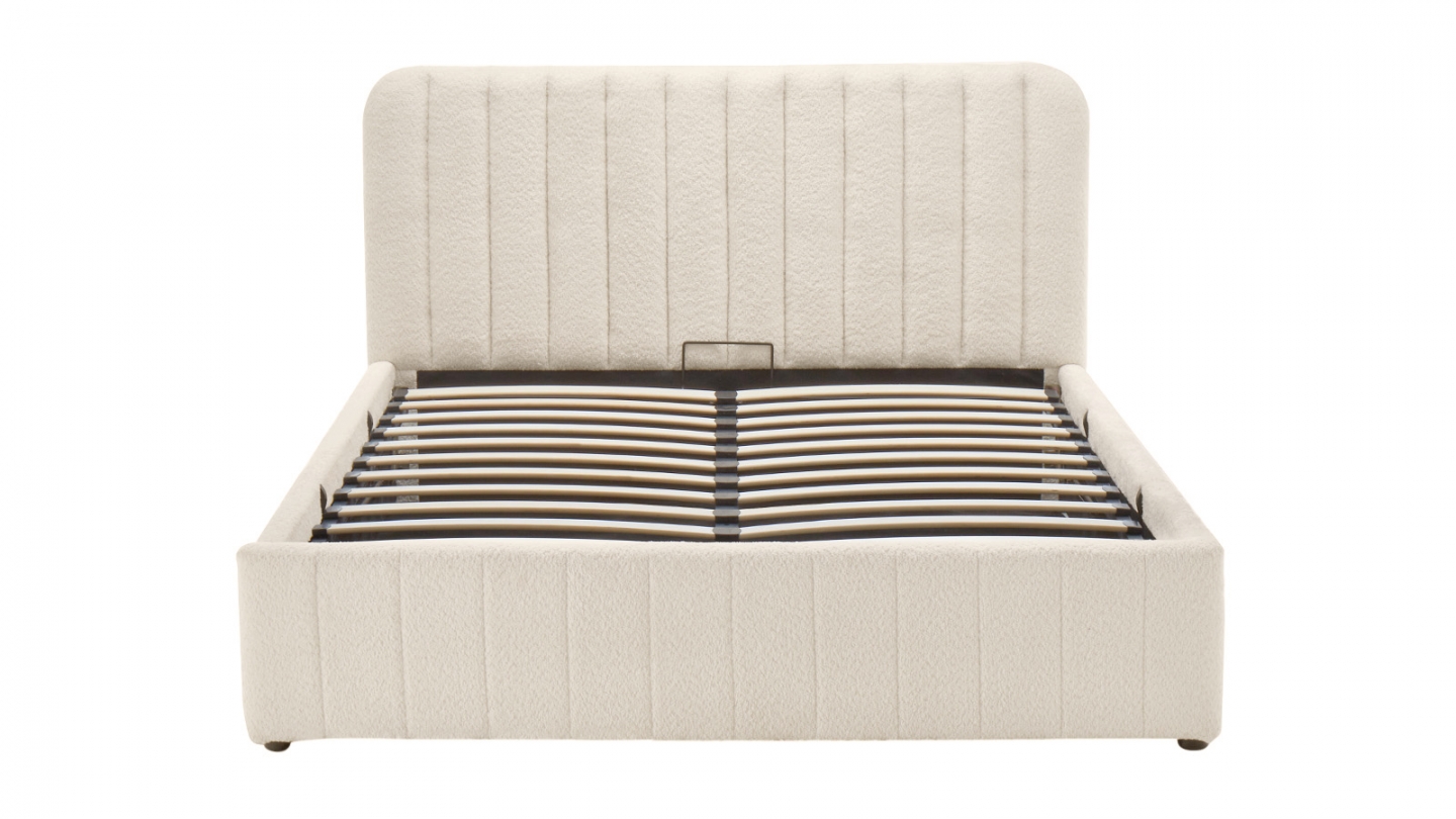 Lit coffre adulte 140x190 cm avec tête de lit capitonnee en tissu boucle beige - Ava