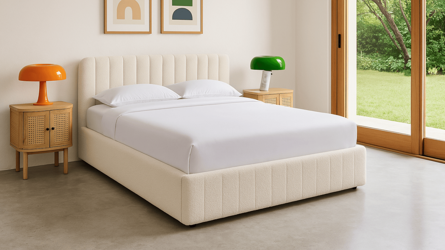 Lit coffre adulte 140x190 cm avec tête de lit capitonnee en tissu boucle beige - Ava