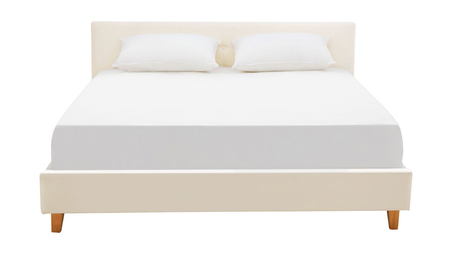 Lit adulte 140x190 cm avec tête de lit capitonnée en velours beige - Milo