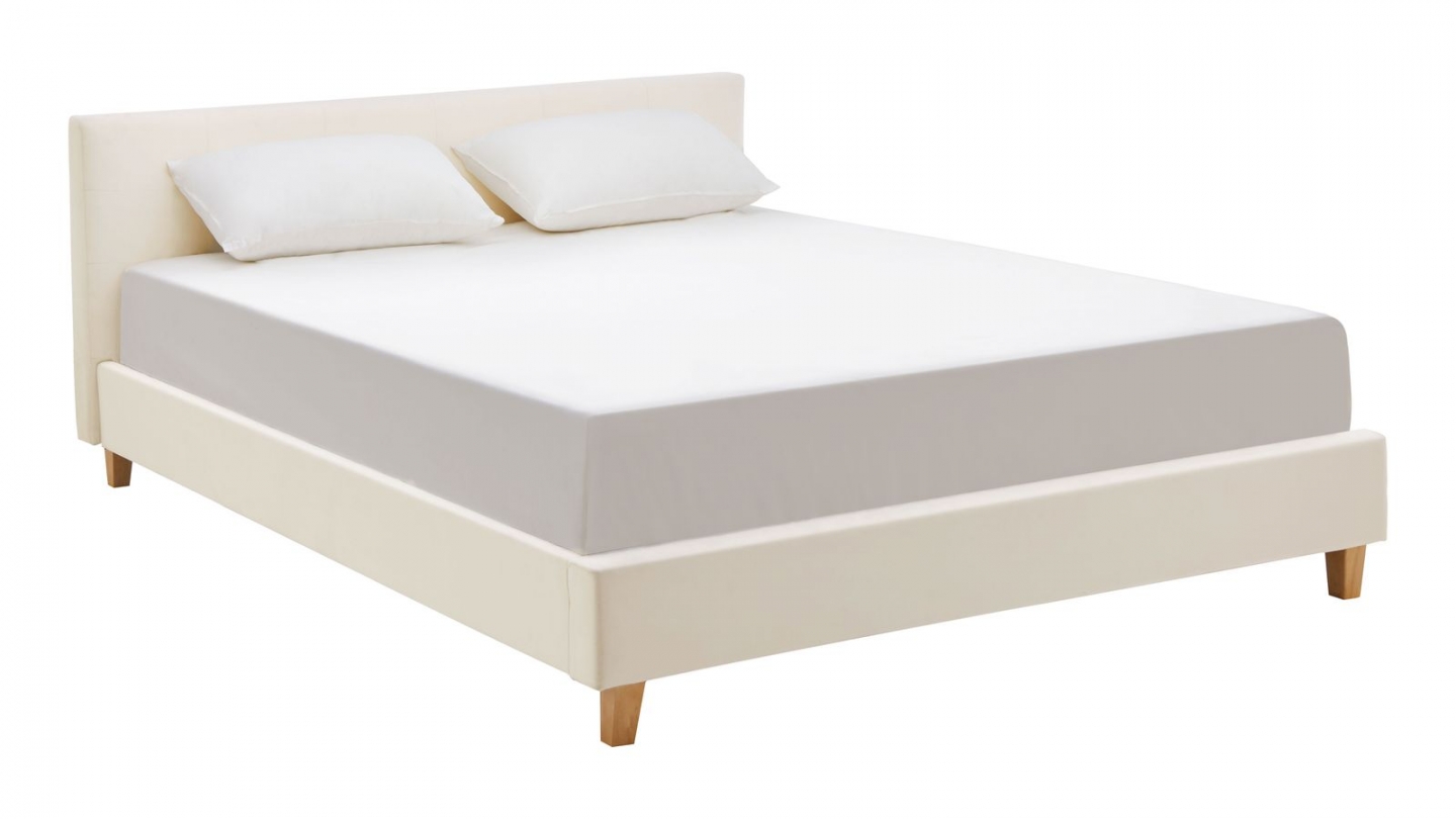 Lit adulte 140x190 cm avec tête de lit capitonnée en velours beige - Milo