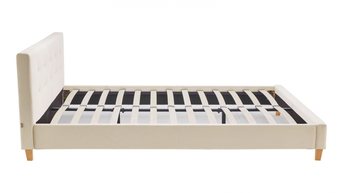 Lit adulte 160x200 cm avec tête de lit capitonnée en velours beige - Milo
