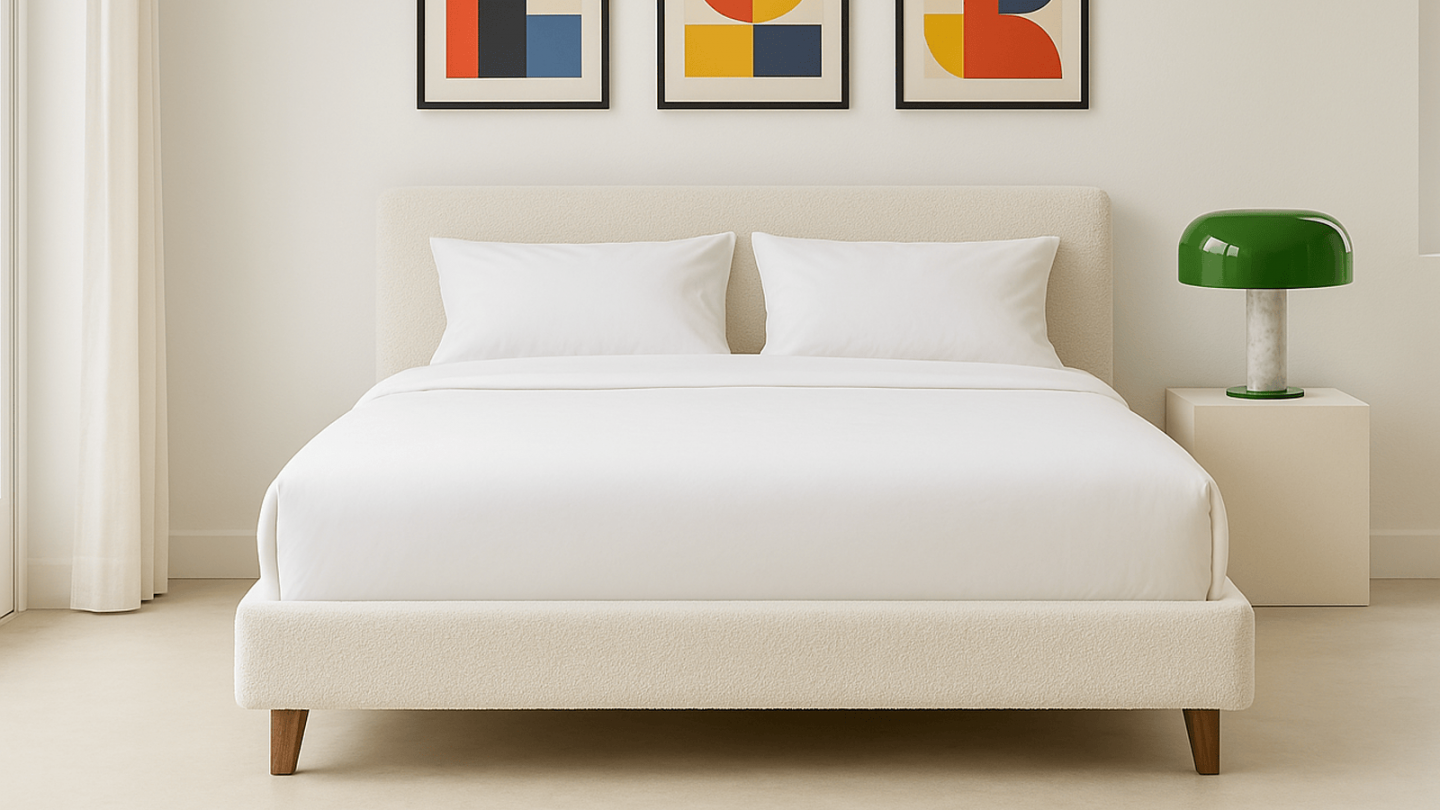 Lit adulte 160x200 cm avec tête de lit capitonnée en tissu bouclé beige - Milo
