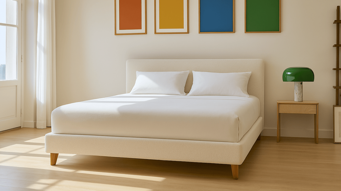 Lit adulte 180x200 cm avec tête de lit capitonnée en tissu bouclé beige - Milo