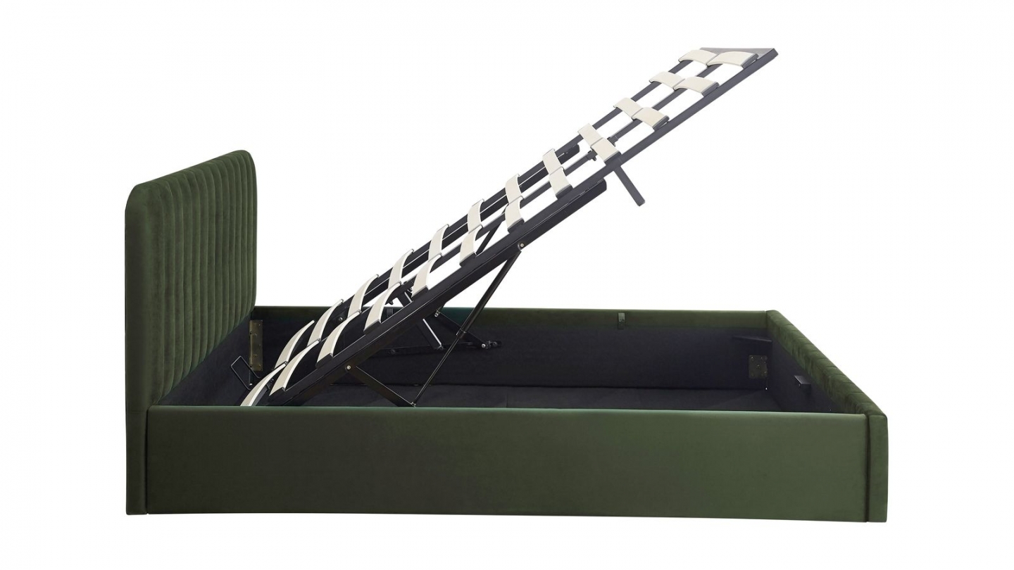 Lit coffre adulte 160x200 cm avec tête de lit capitonnée en velours vert kaki - Ava
