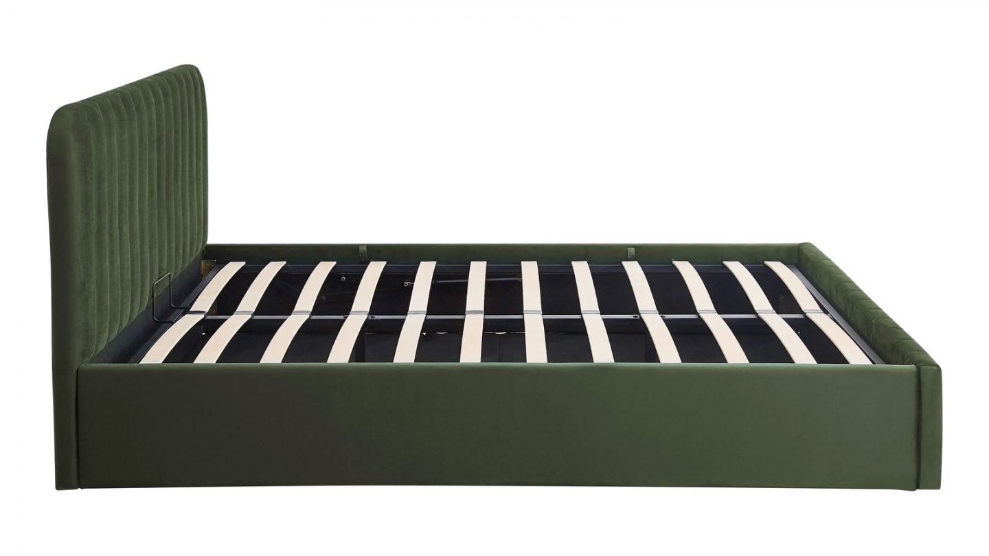 Lit coffre adulte 160x200 cm avec tête de lit capitonnée en velours vert kaki - Ava