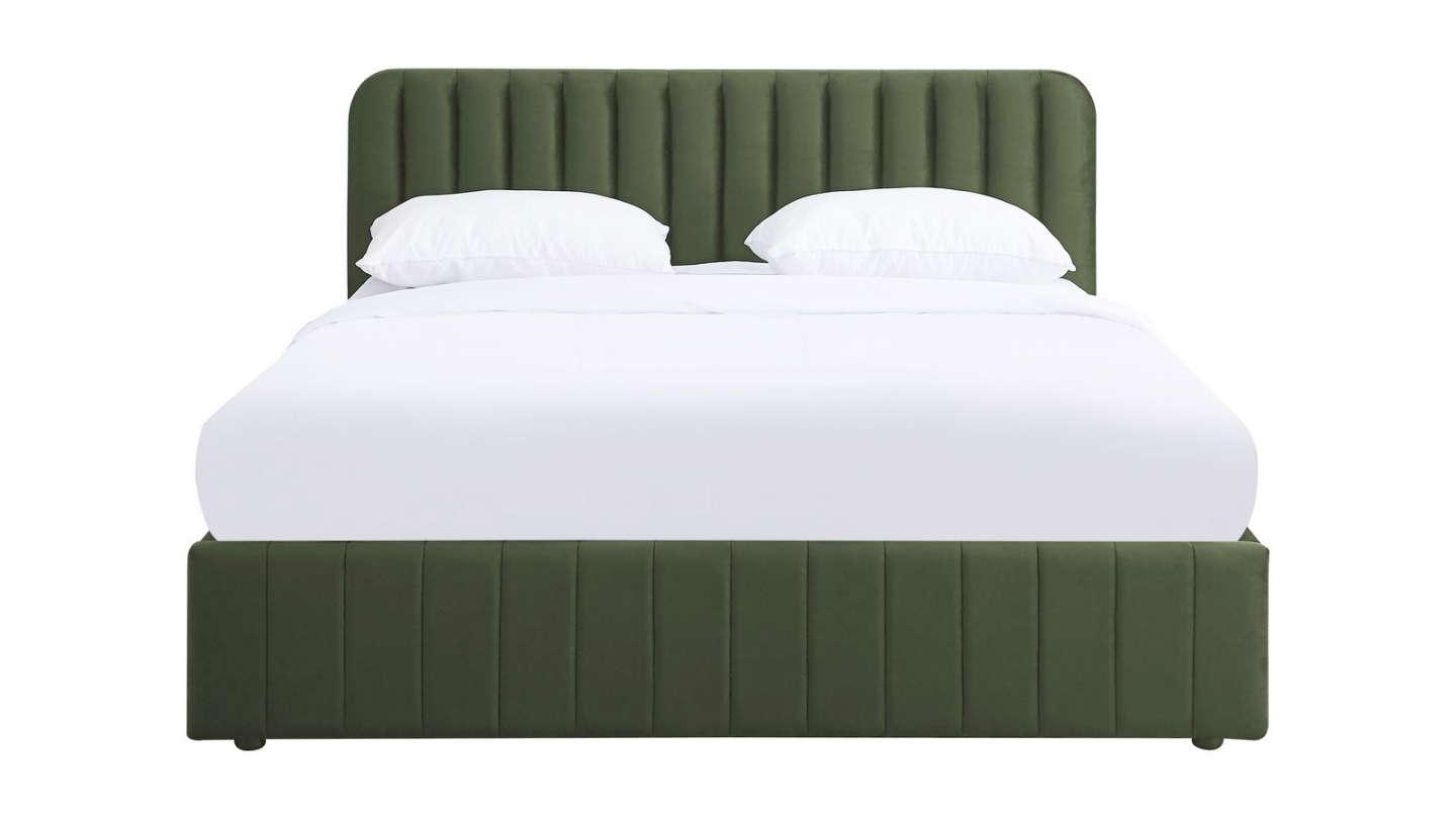 Lit coffre adulte 160x200 cm avec tête de lit capitonnée en velours vert kaki - Ava