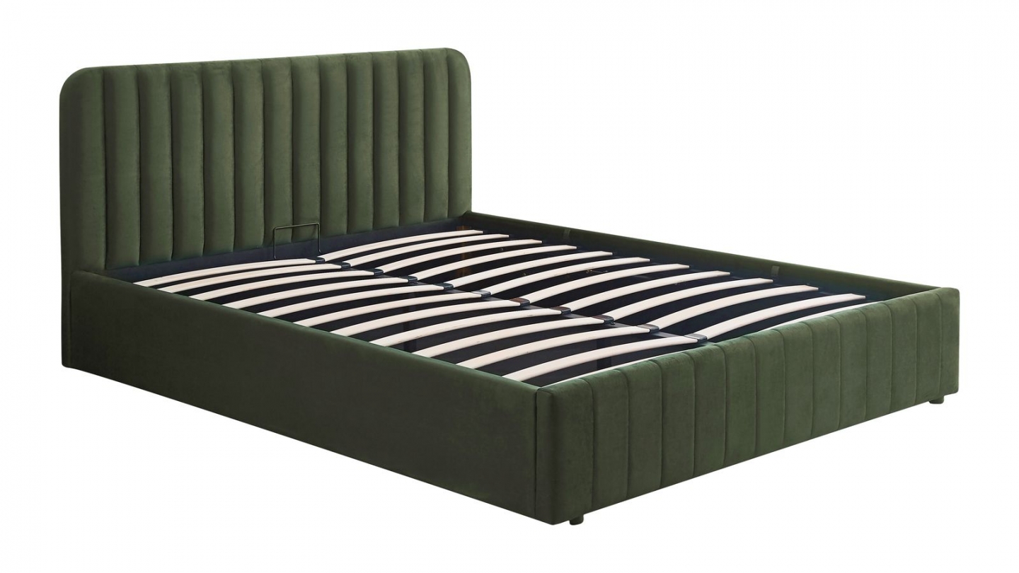 Lit coffre adulte 160x200 cm avec tête de lit capitonnée en velours vert kaki - Ava
