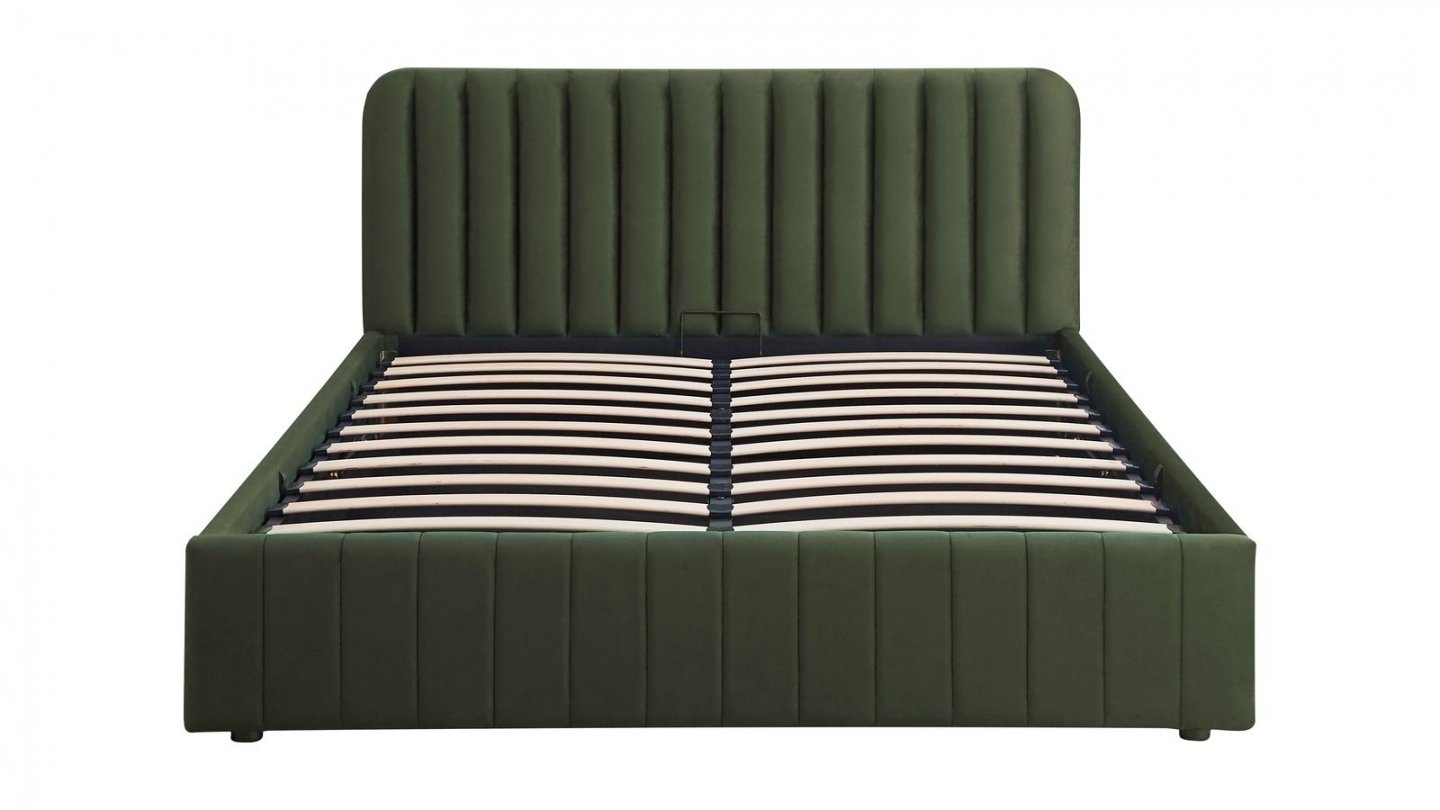 Lit coffre adulte 160x200 cm avec tête de lit capitonnée en velours vert kaki - Ava
