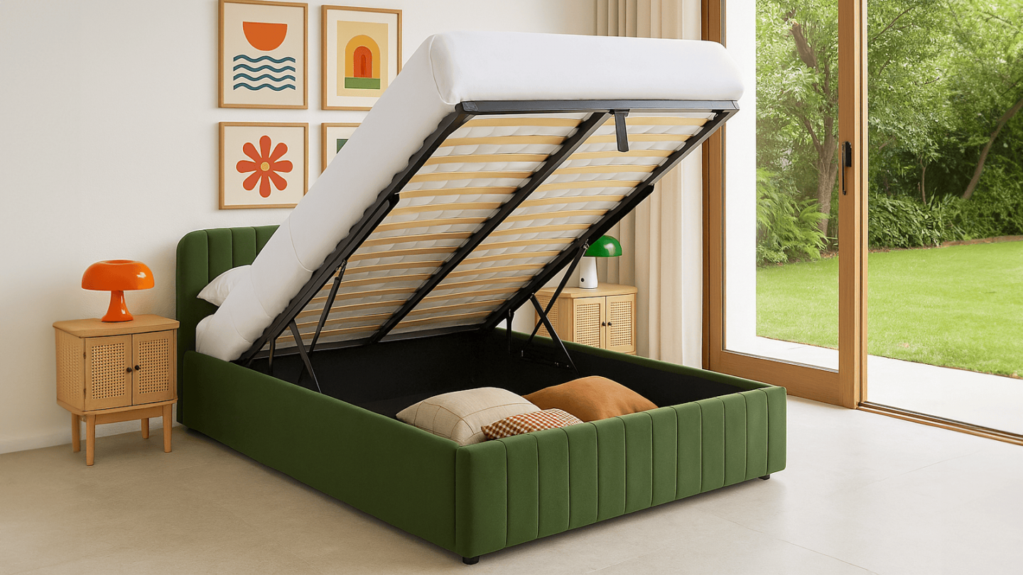 Lit coffre adulte 160x200 cm avec tête de lit capitonnée en velours vert kaki - Ava