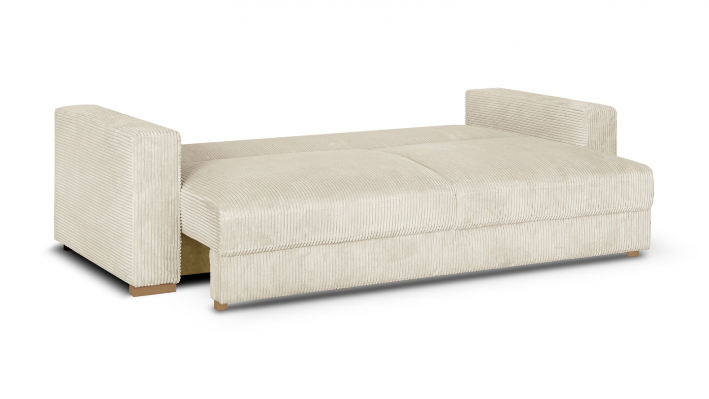 Canapé convertible 3 places en velours côtelé beige avec coffre de rangement - Robin