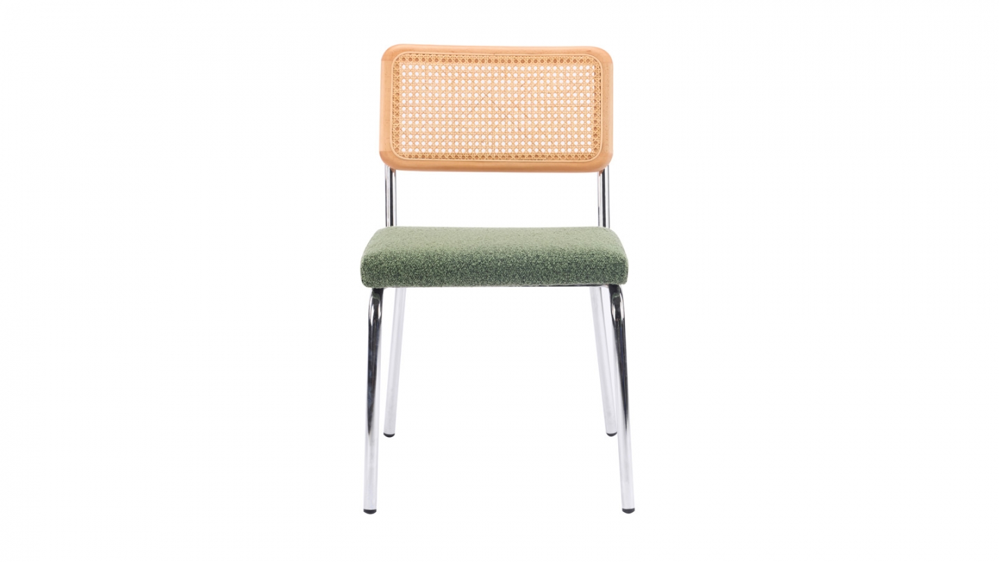 Lot de 2 chaises en métal chromé, cannage naturel et tissu bouclé vert - Paula Lot de 2 chaises en métal chromé, cannage naturel et tissu bouclé vert - Paula
