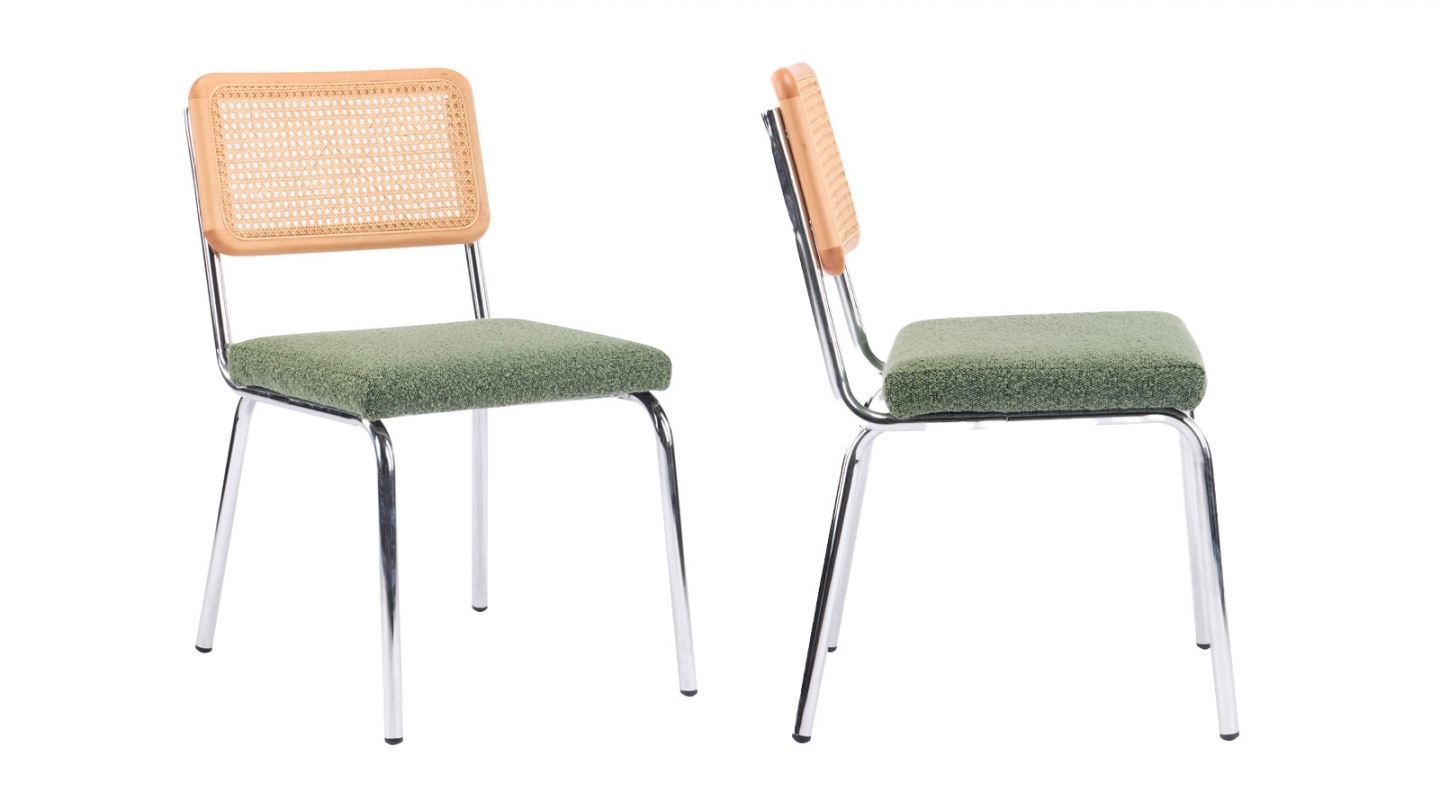 Lot de 2 chaises en métal chromé, cannage naturel et tissu bouclé vert - Paula Lot de 2 chaises en métal chromé, cannage naturel et tissu bouclé vert - Paula